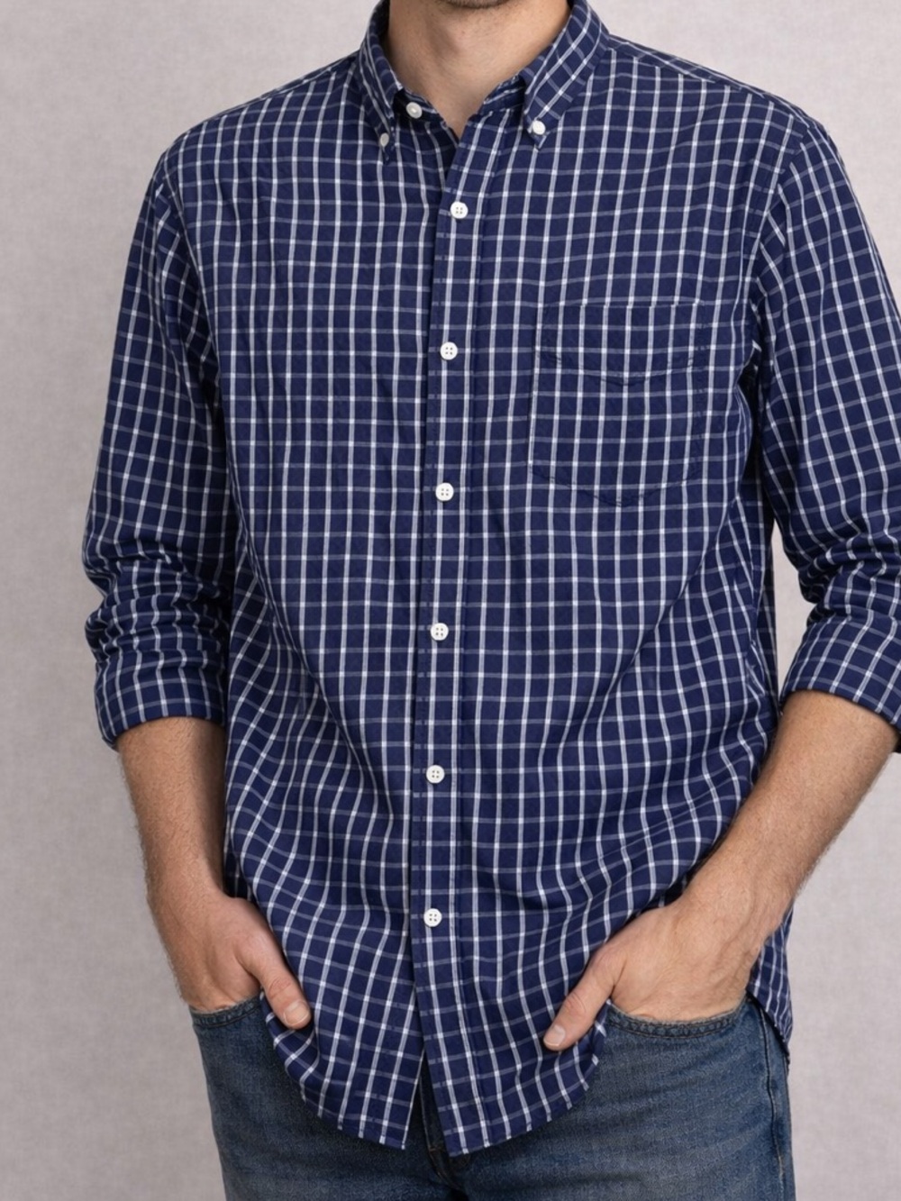 Old Navy Men’s Large Blue White Gingham Button Down Shirt Long Sleeve Cotton